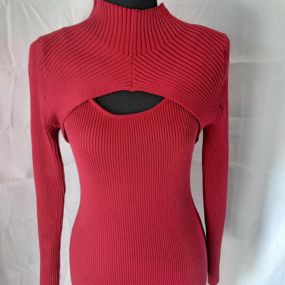 Almost Famous Bodycon Sweater Dress Sz Lg/Med Burgundy Wine Red  Cutout Ribbed